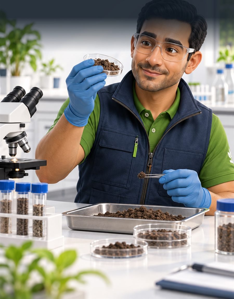 Eduardo, el asesor virtual de FERMIER, revisando una muestra de suelo en el laboratorio