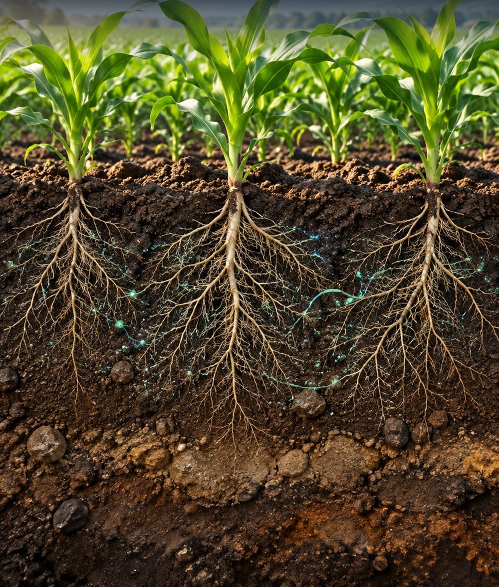 Corte de suelo que muestra las raíces de plantas jóvenes