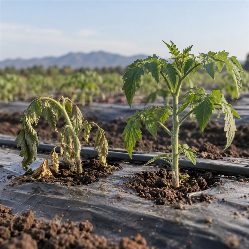 Plántula de tomate marchita junto a una sana en un surco