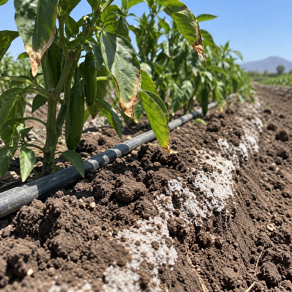 Costra de sales en el surco de un cultivo de chile