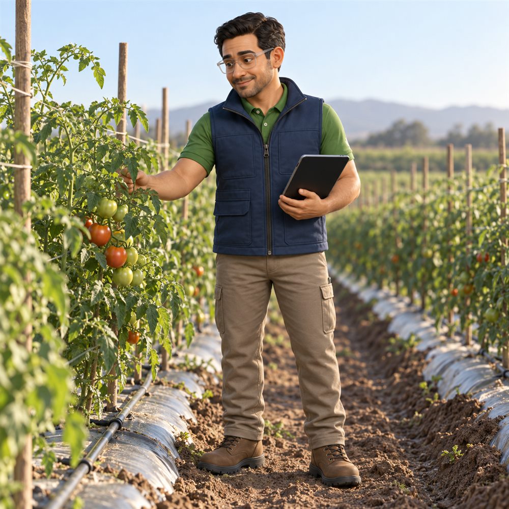 Eduardo, el asesor virtual de FERMIER, revisando una planta de tomate en el campo
